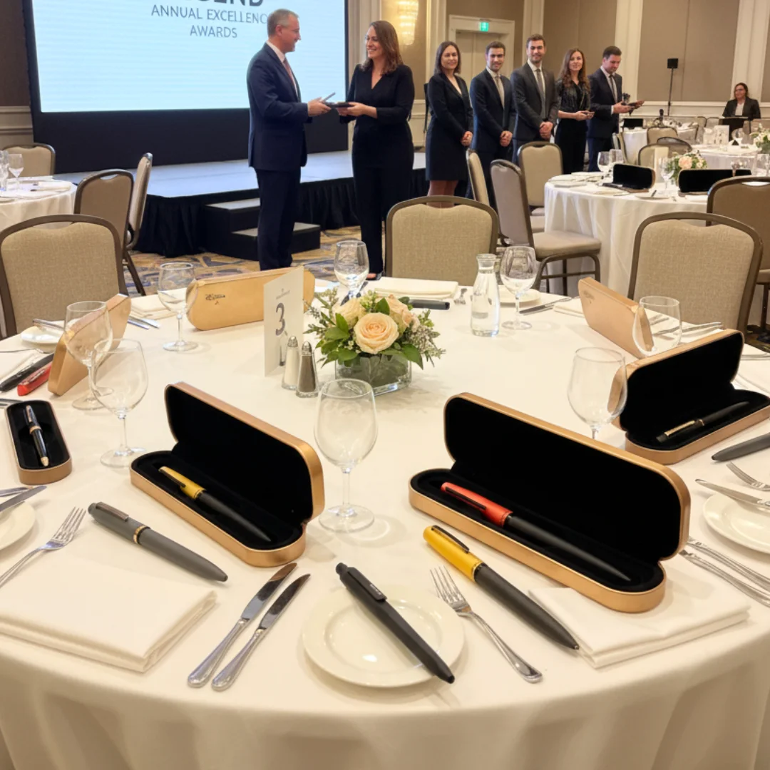 Canetas premium personalizadas em estojo, entregues como brinde em evento corporativo