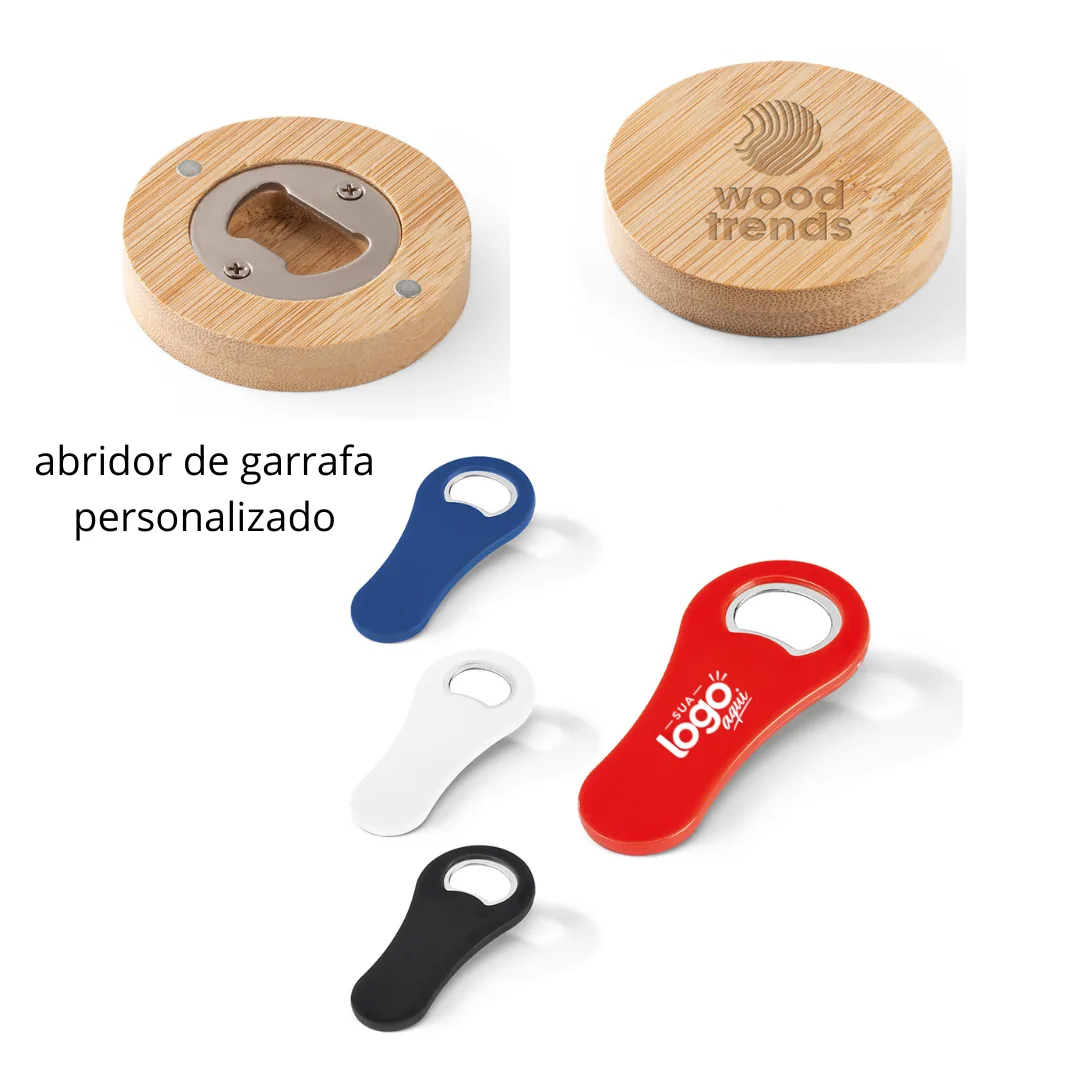 Abridor de Garrafa e Porta-Copos - Abridor de garrafa e porta-copos personalizados, disponíveis em vários modelos. Personalização em silk screen.