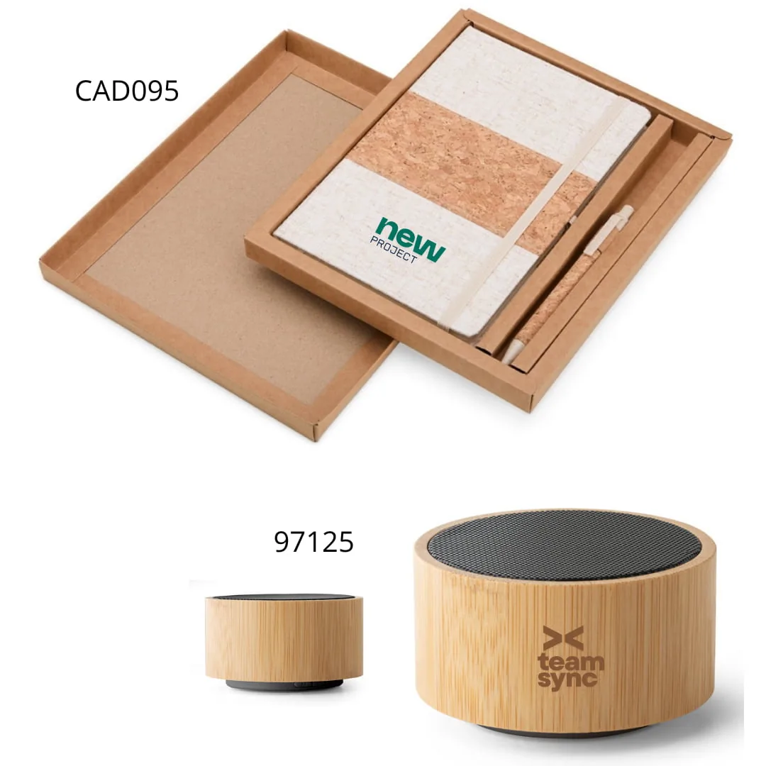 Caderno e Caixinha de Bambu - Indicado para kits de onboarding, treinamentos corporativos ou brindes de reconhecimento a colaboradores.