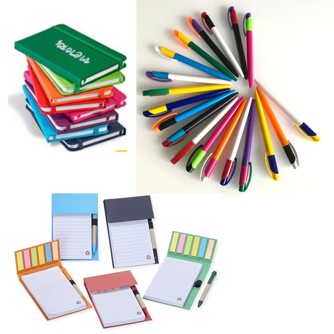 Cadernos, Canetas e Blocos Autocolantes - Cadernos coloridos, canetas e organizadores com blocos autocolantes, ótimos para agências e operadoras de turismo.