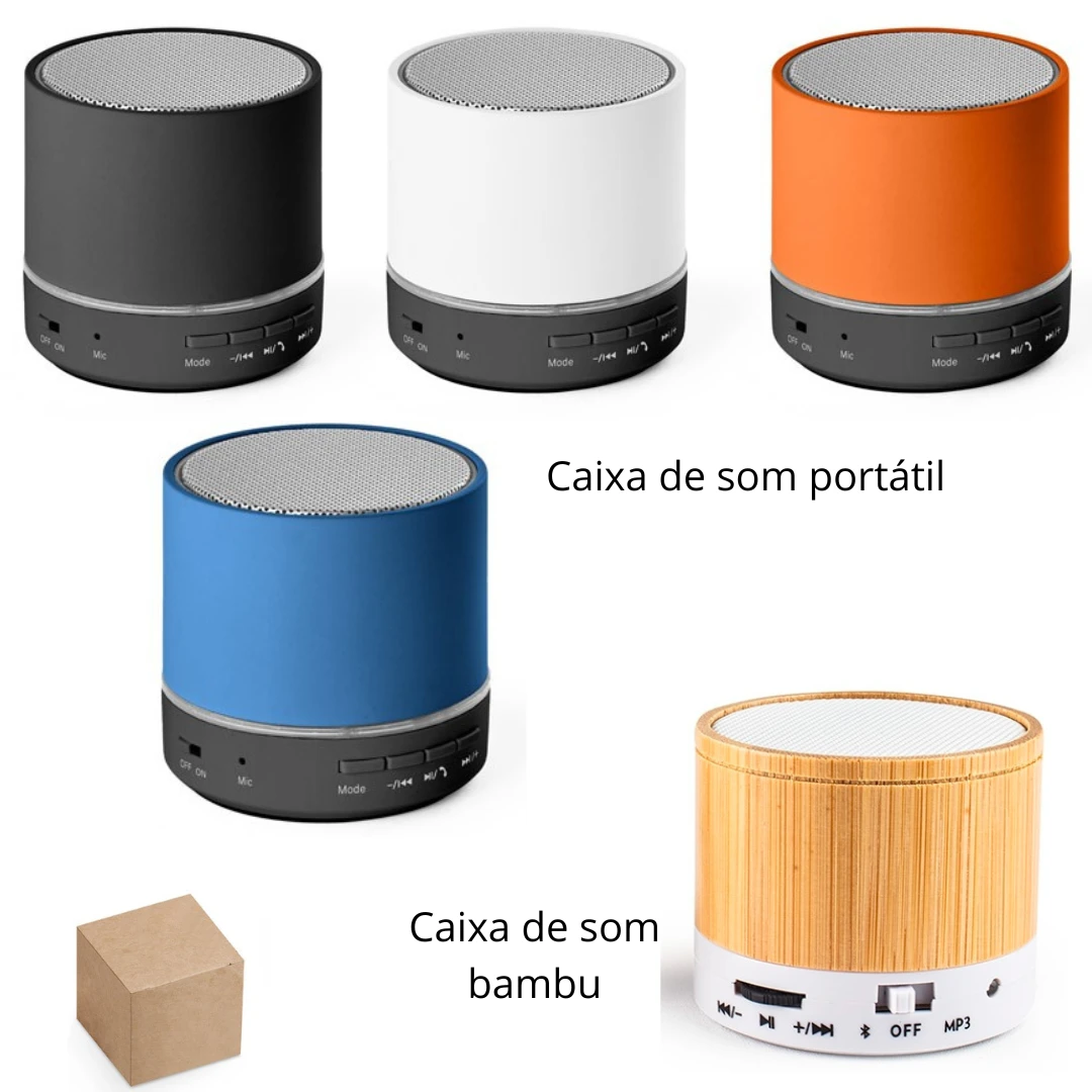 Caixa de Som Portátil Bluetooth - Caixa de som portátil com microfone, em ABS 100% reciclado ou bambu, com transmissão sem fio BT 5.3. Incluso cabo de carregamento USB. Fornecida em caixa individual de papel kraft.