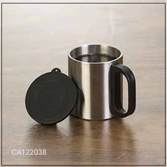 Caneca Inox com Tampa - Caneca de inox com cabo e tampa em plástico resistente, 180 ml.