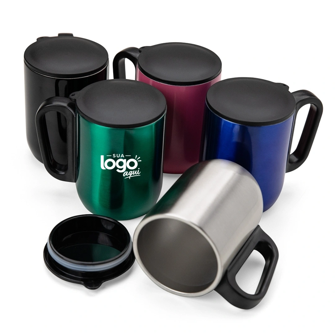 Caneca Parede Dupla 250 ml - Caneca parede dupla em inox, com pegador e tampa de plástico, base com EVA antiderrapante. 250 ml.