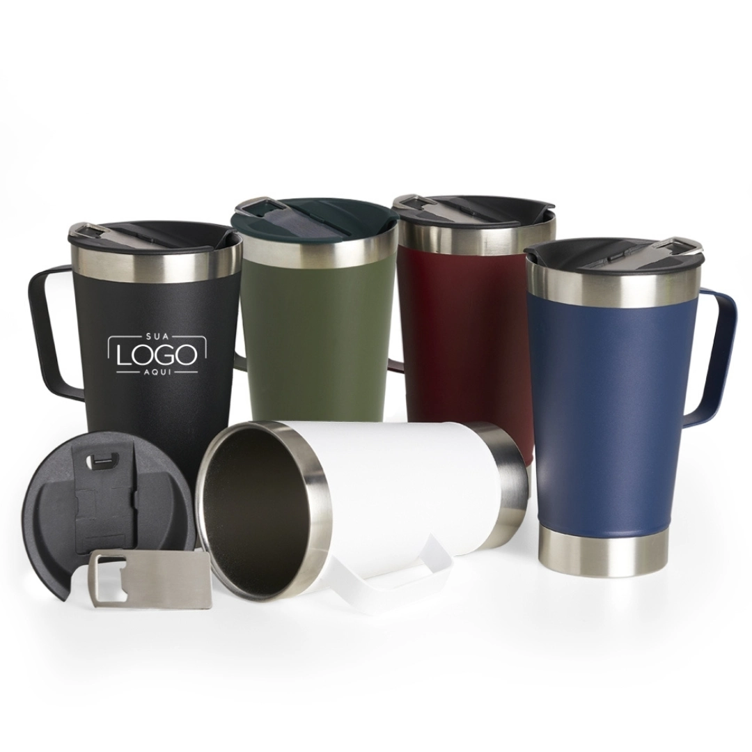 Caneca Térmica com Abridor - Caneca térmica de inox, tampa de plástico e abridor de garrafas integrado. 500 ml. Personalização silk screen 1 cor.