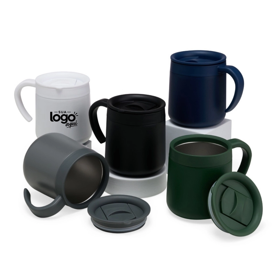 Caneca Térmica Laser 350 ml - Caneca térmica em inox, parede dupla, resistente e durável, com tampa ajustável que evita derramamentos. 350 ml. Personalização a laser.
