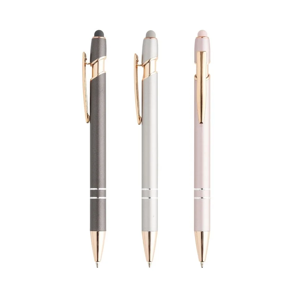 Caneta Touch Champagne - Acionamento por clique com ponta touchscreen, acabamento champagne e carga esferográfica azul.