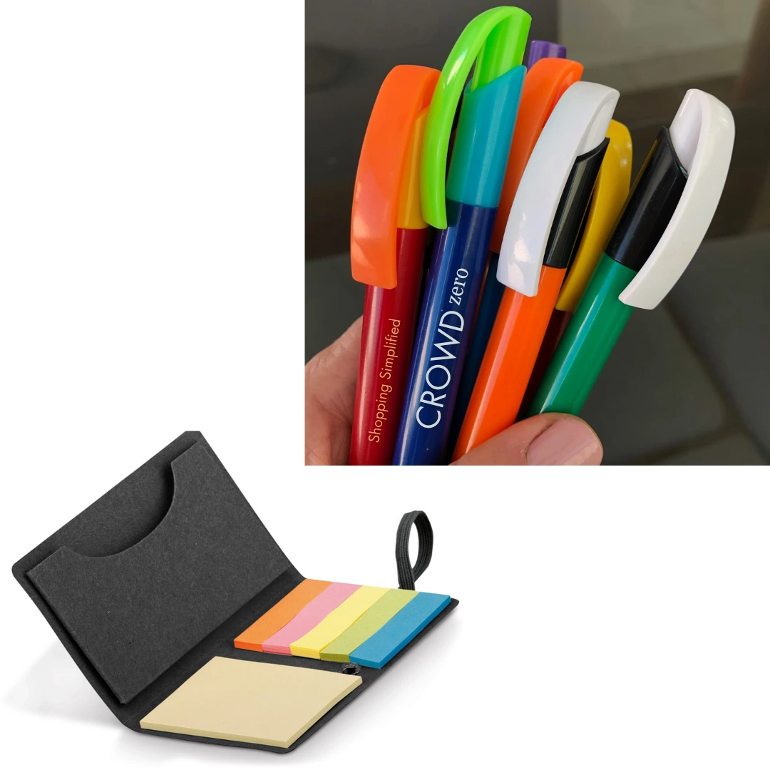 Canetas e Kit de Papelaria Personalizado - Canetas coloridas e um organizador compacto com blocos autocolantes, ideais para distribuição em grande escala.