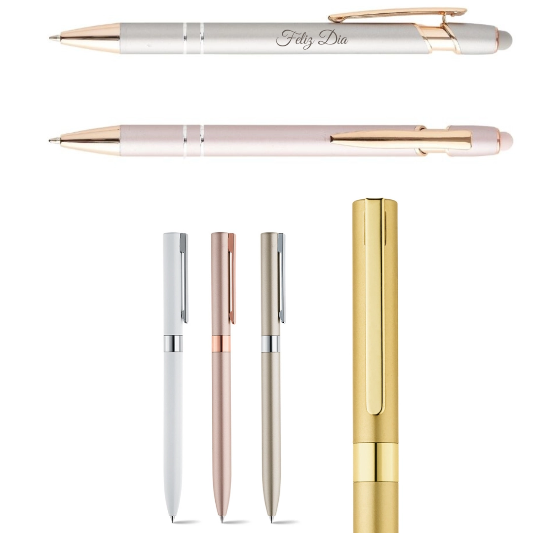 Canetas Metálicas Femininas - Modelos delicados e cores suaves, ideais para presentear colaboradoras e clientes.