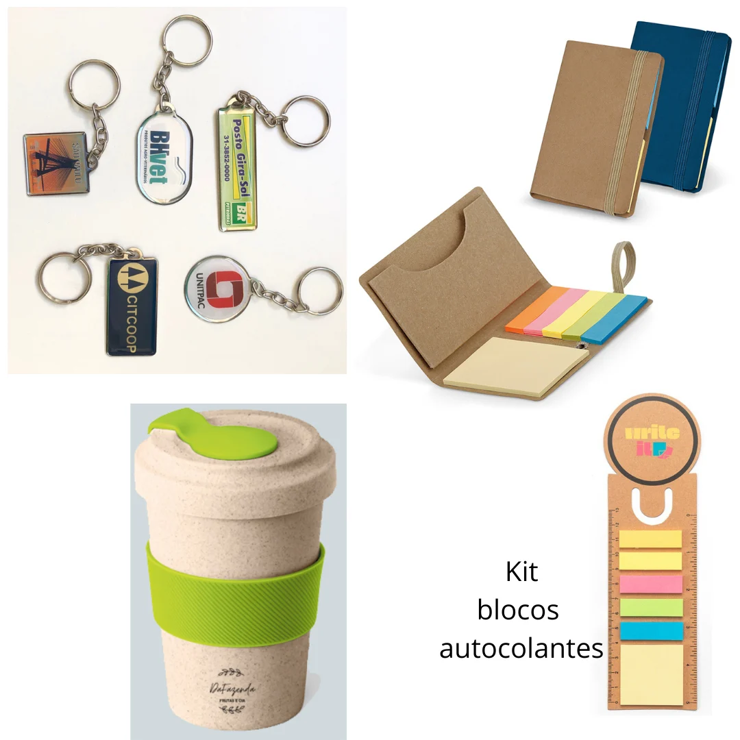 Chaveiros, Copos e Papelaria - Chaveiros, copo biodegradável e itens de papelaria, lembranças versáteis para reforçar a identidade da instituição.