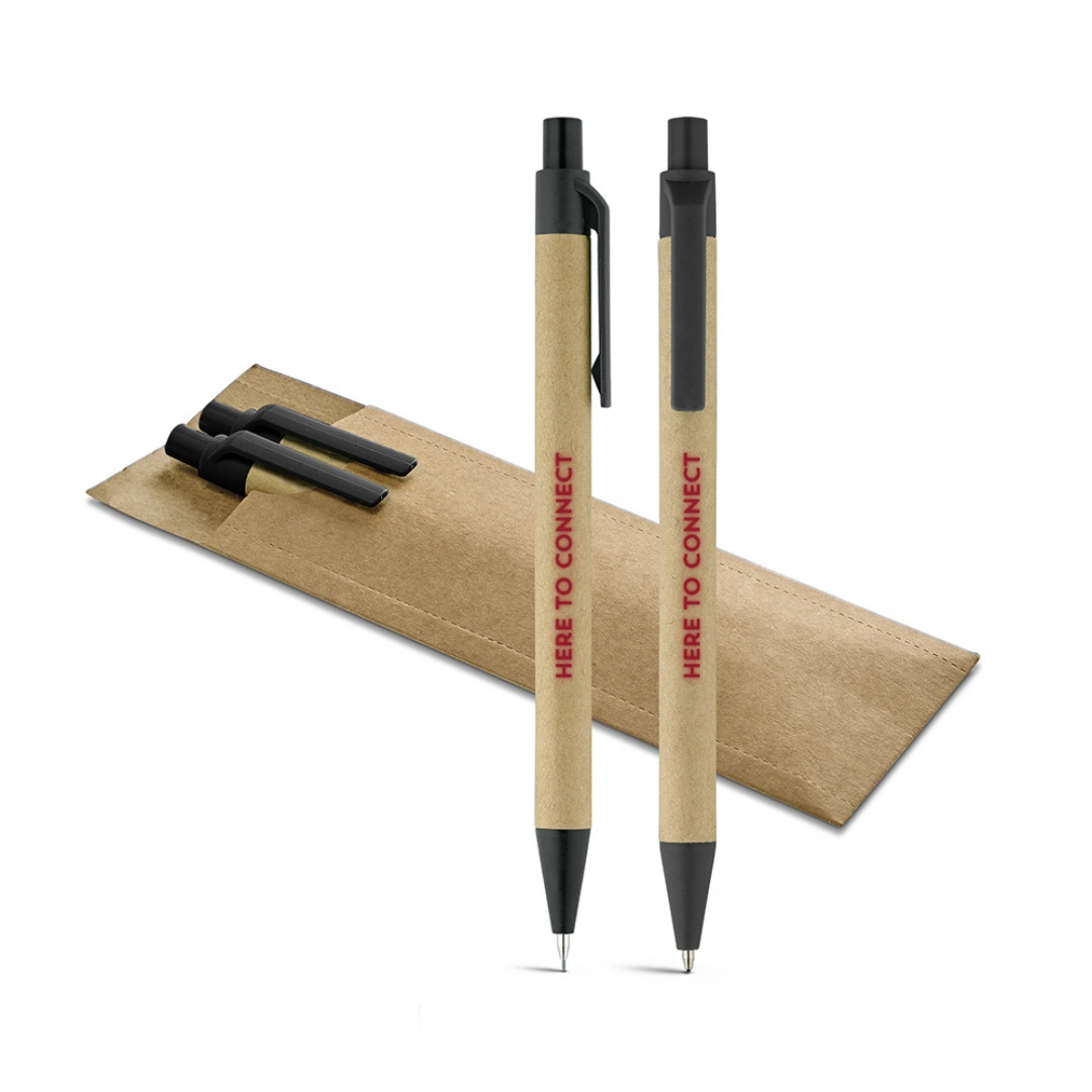 Conjunto Caneta e Lapiseira Kraft - Conjunto ecológico com caneta e lapiseira em papel kraft, clipe e ponteira em plástico, embalagem em papel kraft, várias cores.
