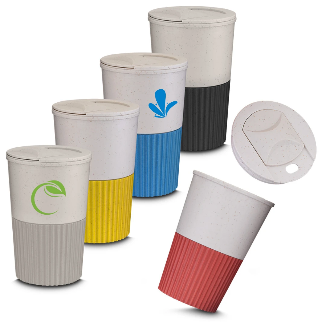 Copo Fibra de Trigo 400 ml - Copo com tampa rosqueável, produzido com fibra de trigo e plástico. 400 ml.
