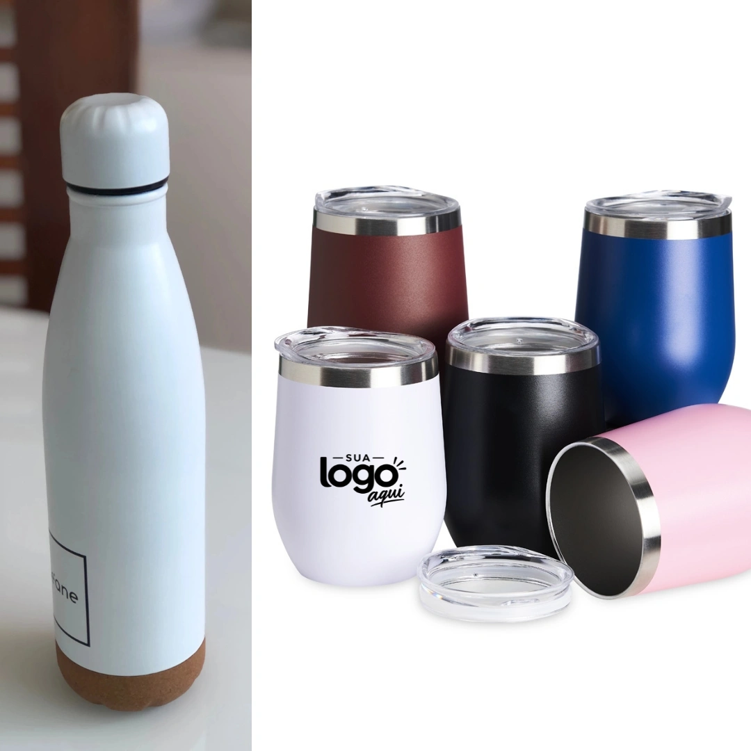 Copo e Garrafa Personalizada - Garrafas e copos térmicos com a identidade visual da marca, práticos para o dia a dia após o evento.