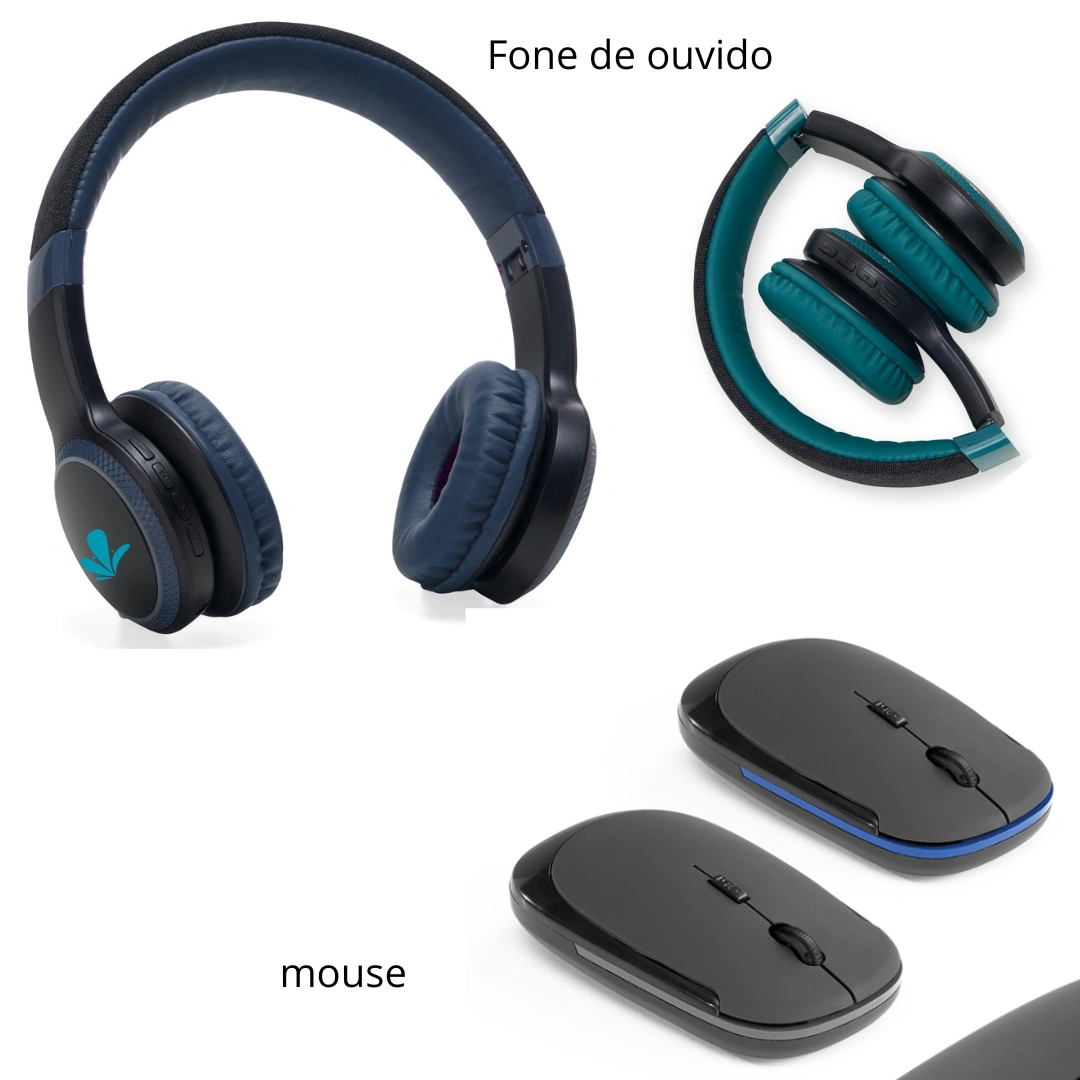 Fone de Ouvido e Mouse Wireless - Fone de ouvido bluetooth com revestimento em couro sintético e espuma interna, garantindo ótimo isolamento sonoro. Acompanha mouse wireless 2.4 com acabamento emborrachado (2 pilhas AAA inclusas).