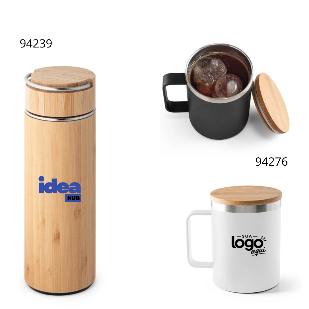 Garrafa, Copo e Caneca com Bambu - Ideal para kits de boas-vindas e brindes de fim de ano, mantendo a marca presente na rotina de quem recebe.