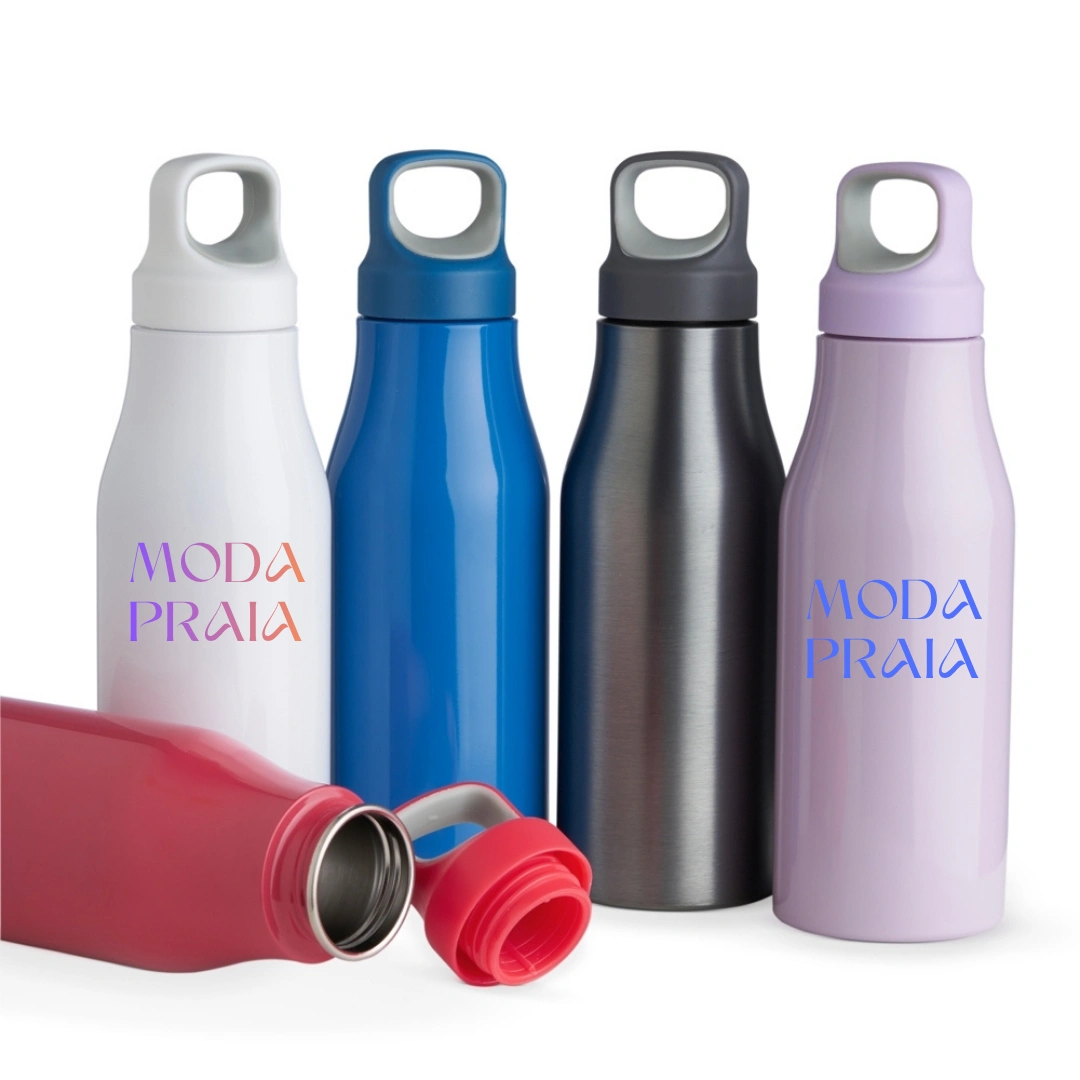 Garrafa Inox com Alça para Transporte - Garrafa em inox com tampa rosqueável e alça para transporte. 650ml.