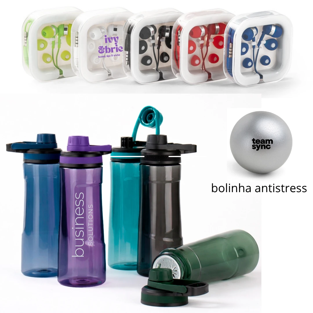 Garrafas, Fones e Bolinha Antistress - Garrafas práticas, fones de ouvido e bolinha antistress, itens que acompanham a rotina dinâmica do setor.