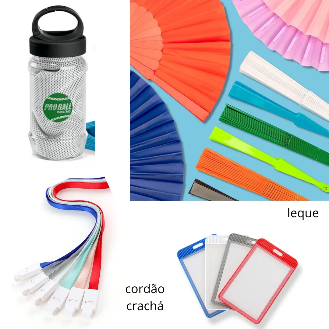 Garrafas, Leques e Cordão de Pescoço - Garrafa com toalha, leques e cordões para crachá, itens úteis em passeios, excursões e eventos do setor.