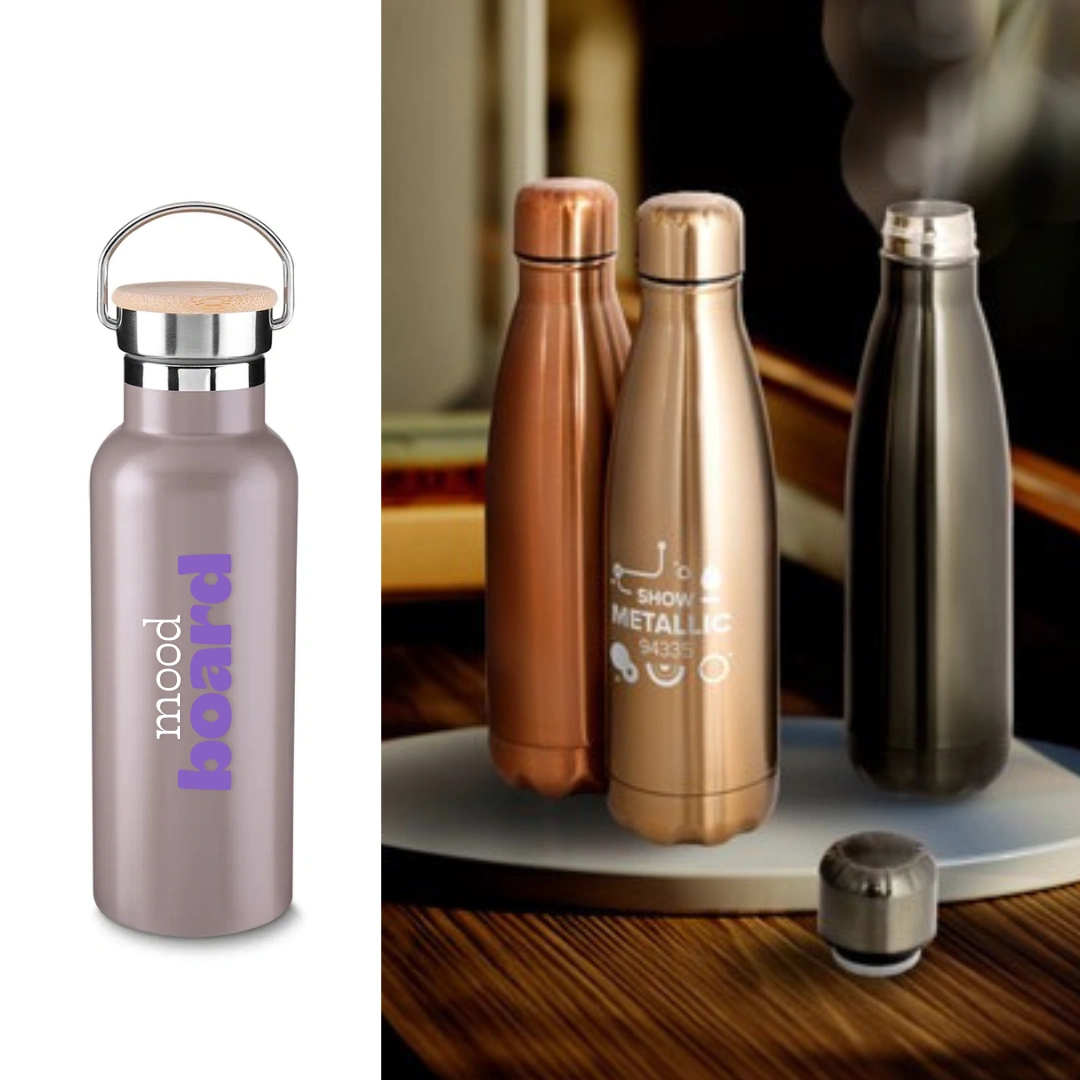 Garrafas Metálicas Personalizadas - Em tons variados, ótimas para campanhas de hidratação e brindes de bem-estar.