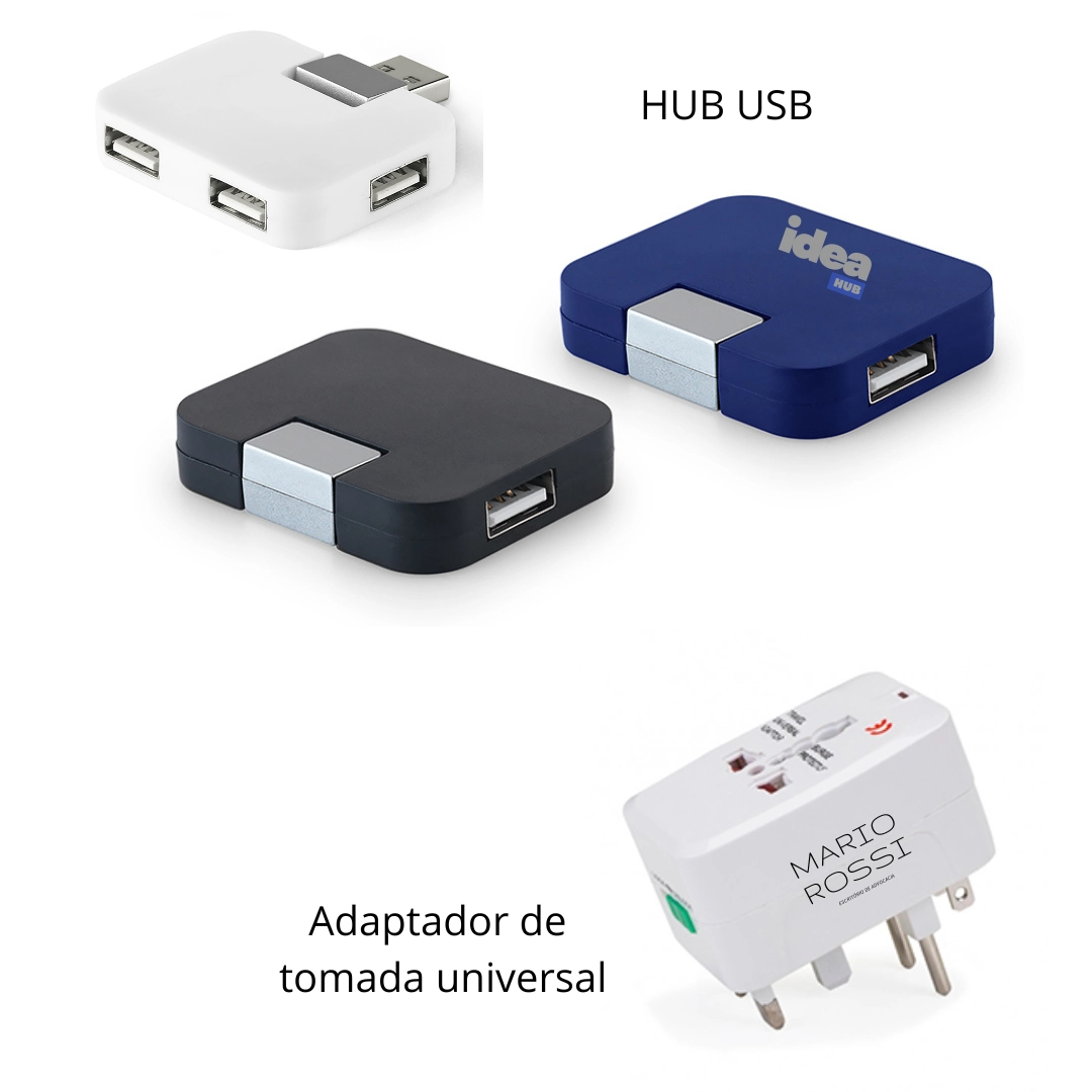 Hub USB e Adaptador de Tomada - Hub USB 2.0 com 4 portas para conectar até 4 dispositivos móveis. Acompanha adaptador de tomada universal na cor branca.