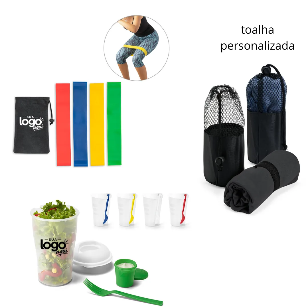 Kit Bem-Estar com Bandas, Toalha e Copo - Conjunto de bandas elásticas de ginástica, toalha e copo para salada, personalizados. Silk screen.
