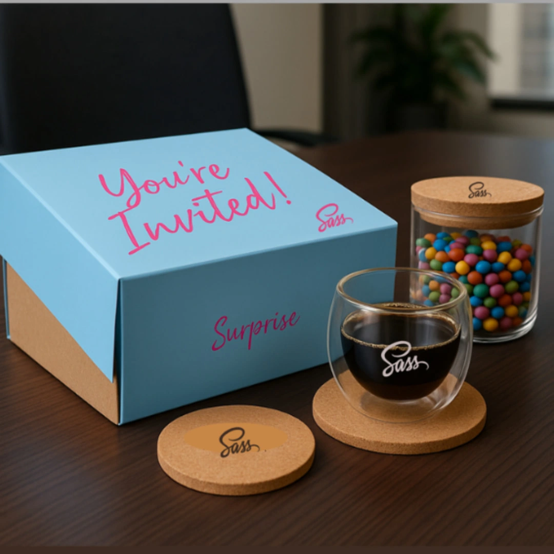 Kit Onboarding Personalizado - Caneca, potinho e porta-copos reunidos em uma caixa surpresa, perfeito para dar boas-vindas a novos colaboradores.