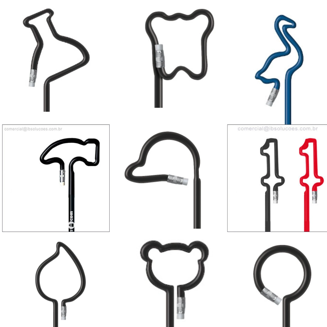 Lápis com formato personalizado - Tubo de ensaio, ursinho, flamingo, martelo, boné, números, folha e argola