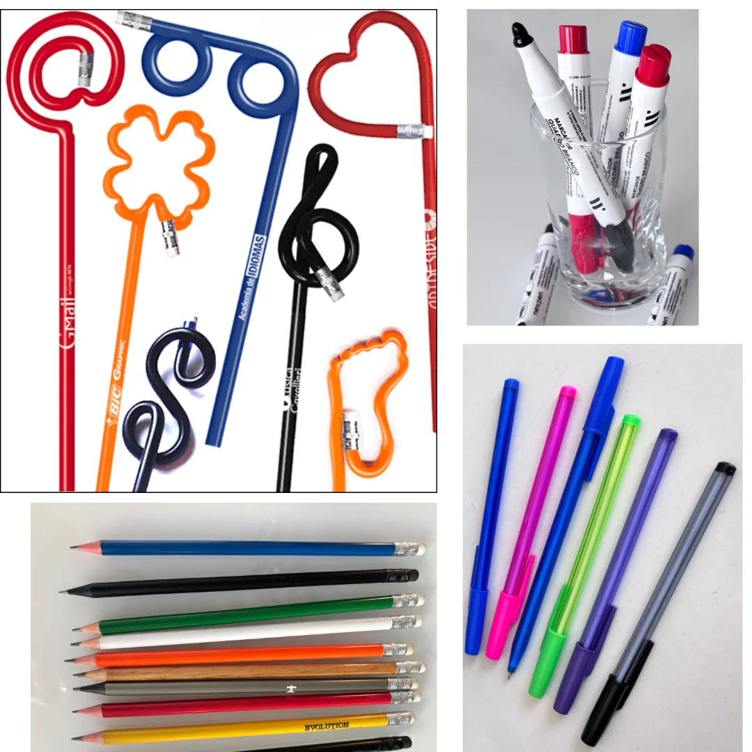 Lápis com Formatos Divertidos e Canetas - Lápis em formatos lúdicos e canetas coloridas, ótimos para descontrair o ambiente escolar e engajar os alunos.