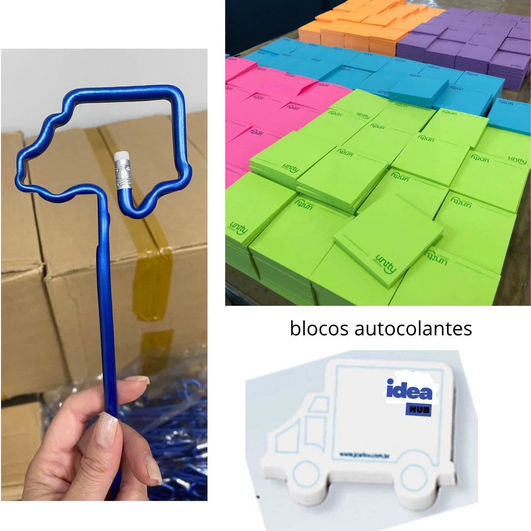 Lápis com Formato de Veículos e Blocos Autocolantes - Lápis em formatos de caminhão e avião aliados a blocos autocolantes coloridos, ótimos para brindes lúdicos e de baixo custo no setor de logística.