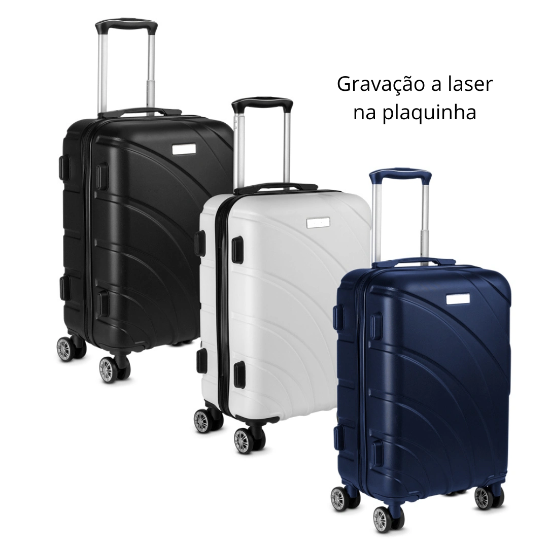 Mala de Bordo em ABS - Mala de bordo em plástico ABS, com forro em poliéster, sistema de carrinho em aço, alça de mão na lateral e na parte superior, e quatro rodas 360°. 51 x 38 x 23 cm.