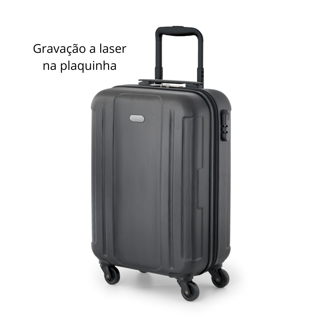 Mala de Viagem Executiva com Placa para Gravação - Mala de viagem executivo, com interior forrado e divisória, fecho de segurança com senha, 4 rodas giratórias e placa metálica removível com ímã para fácil gravação. 55 x 35,5 x 20 cm. Personalização a laser.