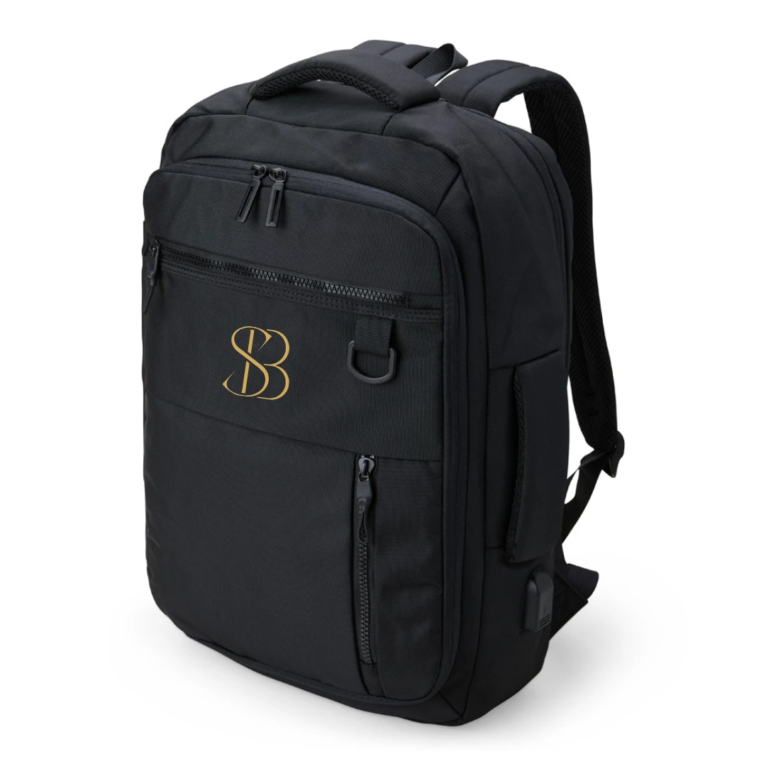 Mochila para Notebook com Saída USB - Mochila em nylon de 20 litros, com bolso para notebook 15,6, suporte externo USB, alça com bolso integrado para cartões e alça para engate em malas de viagem. 42 x 29 x 17 cm.