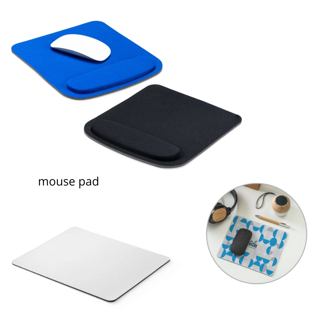 Mouse Pad Ergonômico - Mouse pad ergonômico em poliéster com apoio para o punho em espuma e base em EVA. Também disponível com base em borracha (230mm x 220mm) e impressão em sublimação.