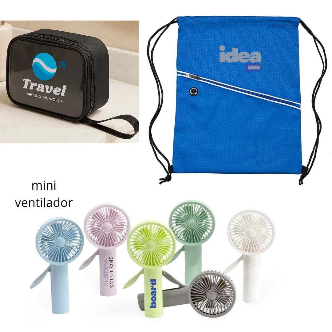 Necessaire, Mochila e Mini Ventilador - Necessaire de viagem, mochila com bolso para fones e mini ventilador portátil, itens práticos para acompanhar o viajante.