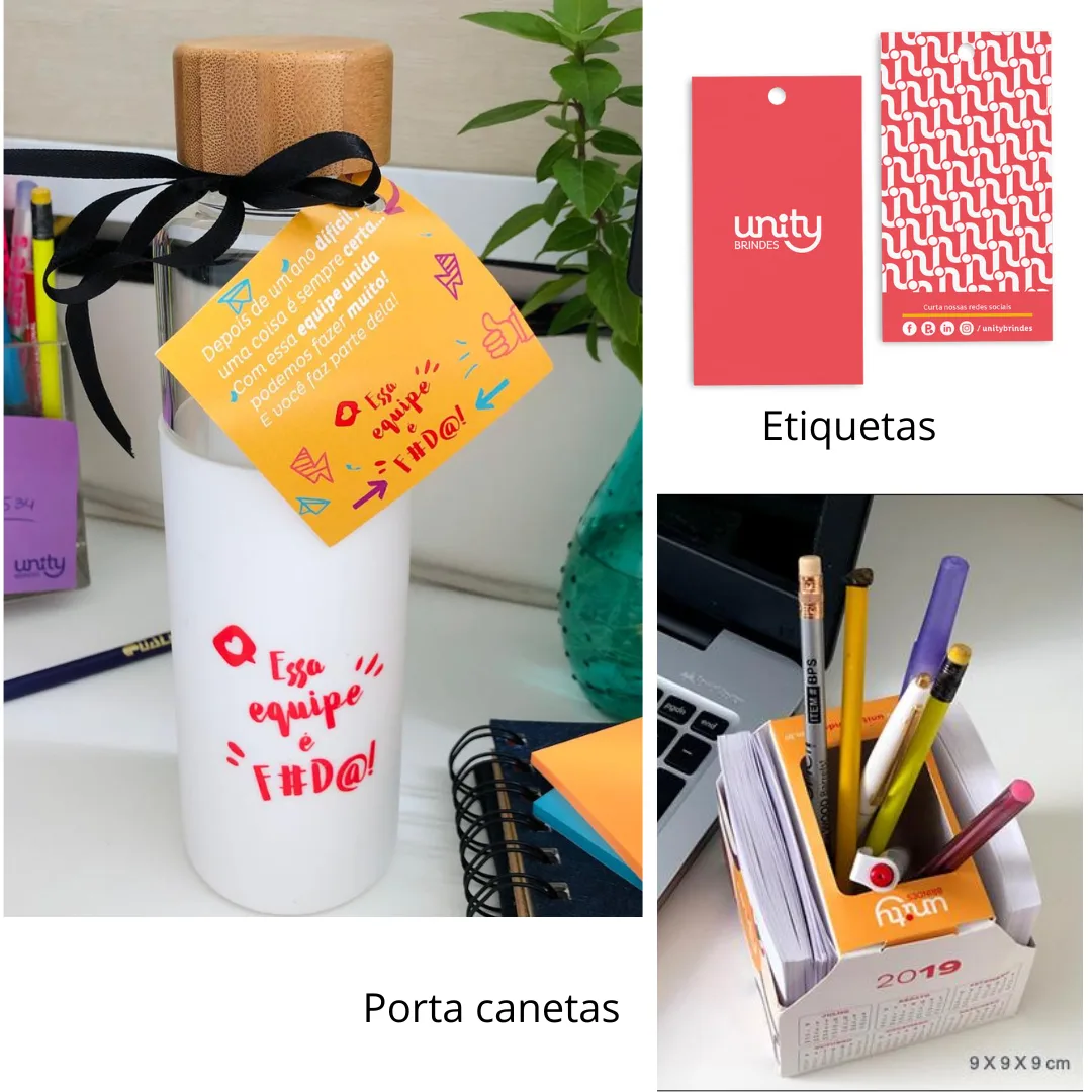 Papelaria e Tag Personalizada - Etiquetas, porta-canetas e itens de papelaria que reforçam a marca em materiais de apoio e credenciais.