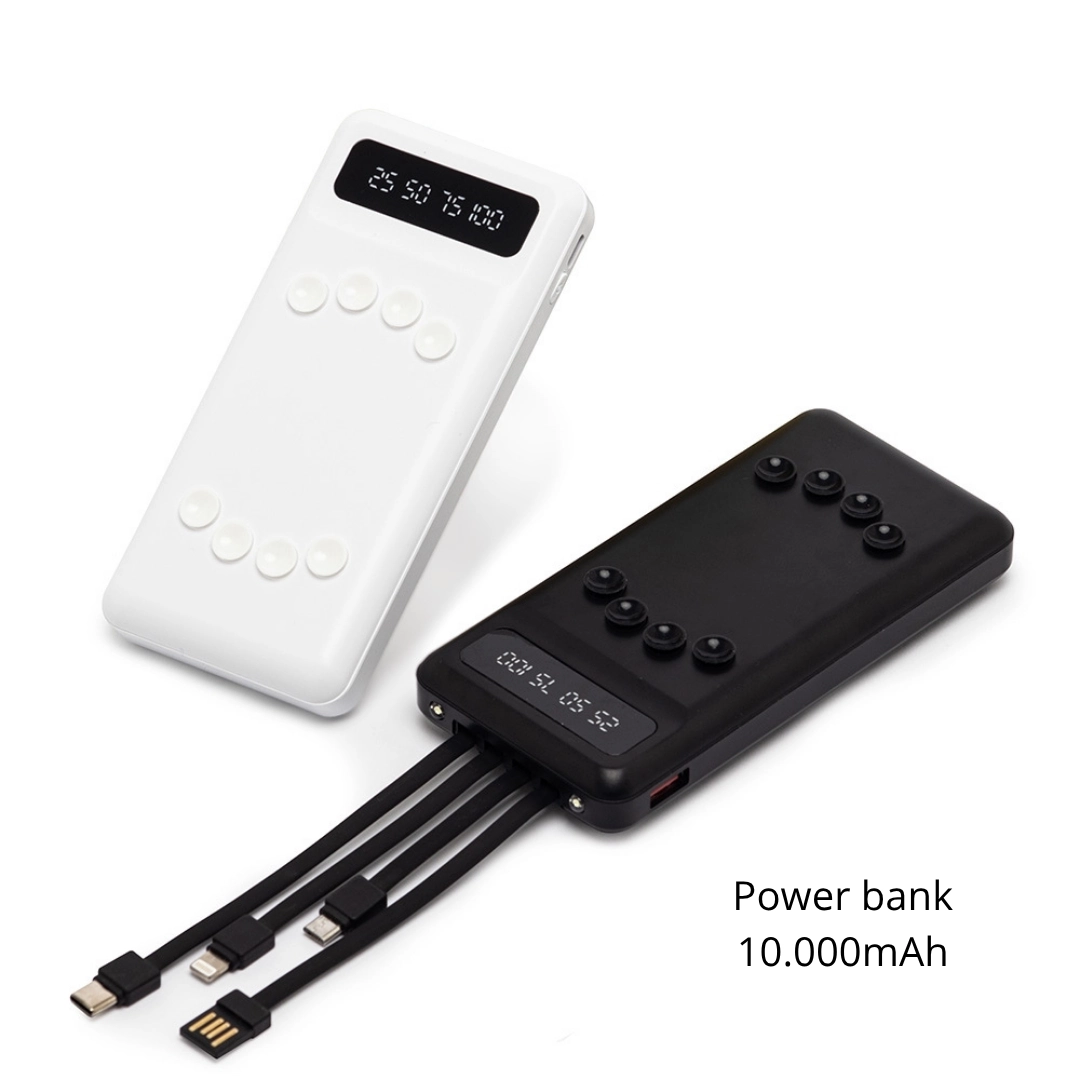 Power Bank 10.000mAh com Lanterna - Carregador power bank de 10.000 mAh com lanterna e múltiplas saídas, capacidade de carregamento de 6.000 mAh. Acompanha cabo USB-V8.