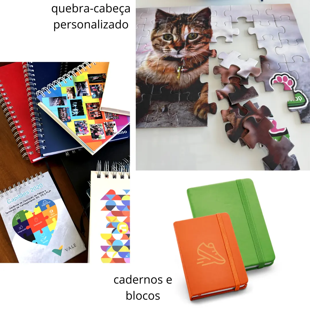 Quebra-cabeça, Cadernos e Blocos - Quebra-cabeça personalizado e cadernos com blocos autocolantes, itens que unem diversão e praticidade ao aprendizado.