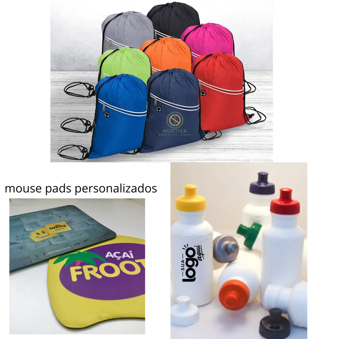 Sacochilas, Mouse Pads e Squeezes - Sacochilas, mouse pads e squeezes personalizados, opções práticas para o dia a dia de alunos e instituições de ensino.