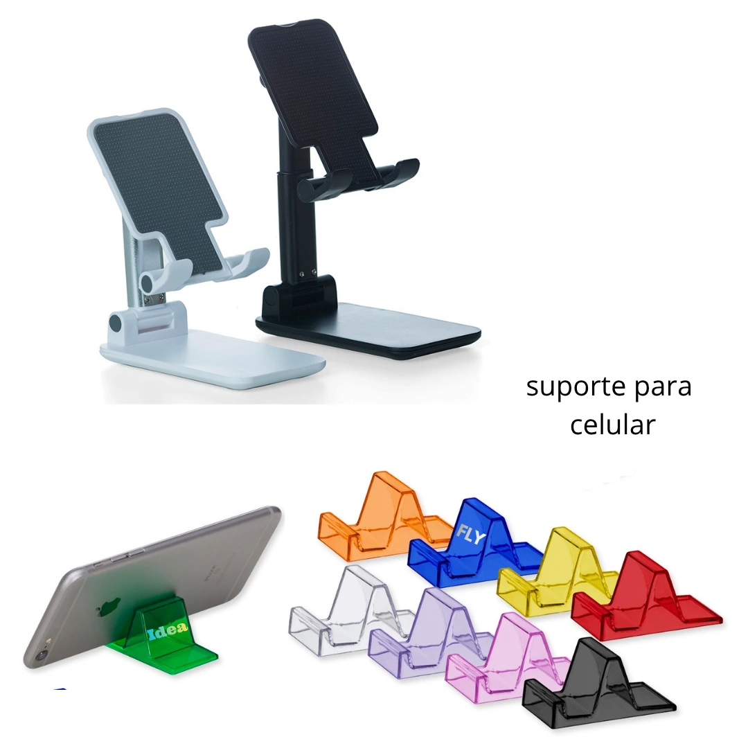 Suporte para Celular e Tablet - Suporte retrátil para celulares e tablets com base de silicone antiderrapante, e suporte acrílico para celular.