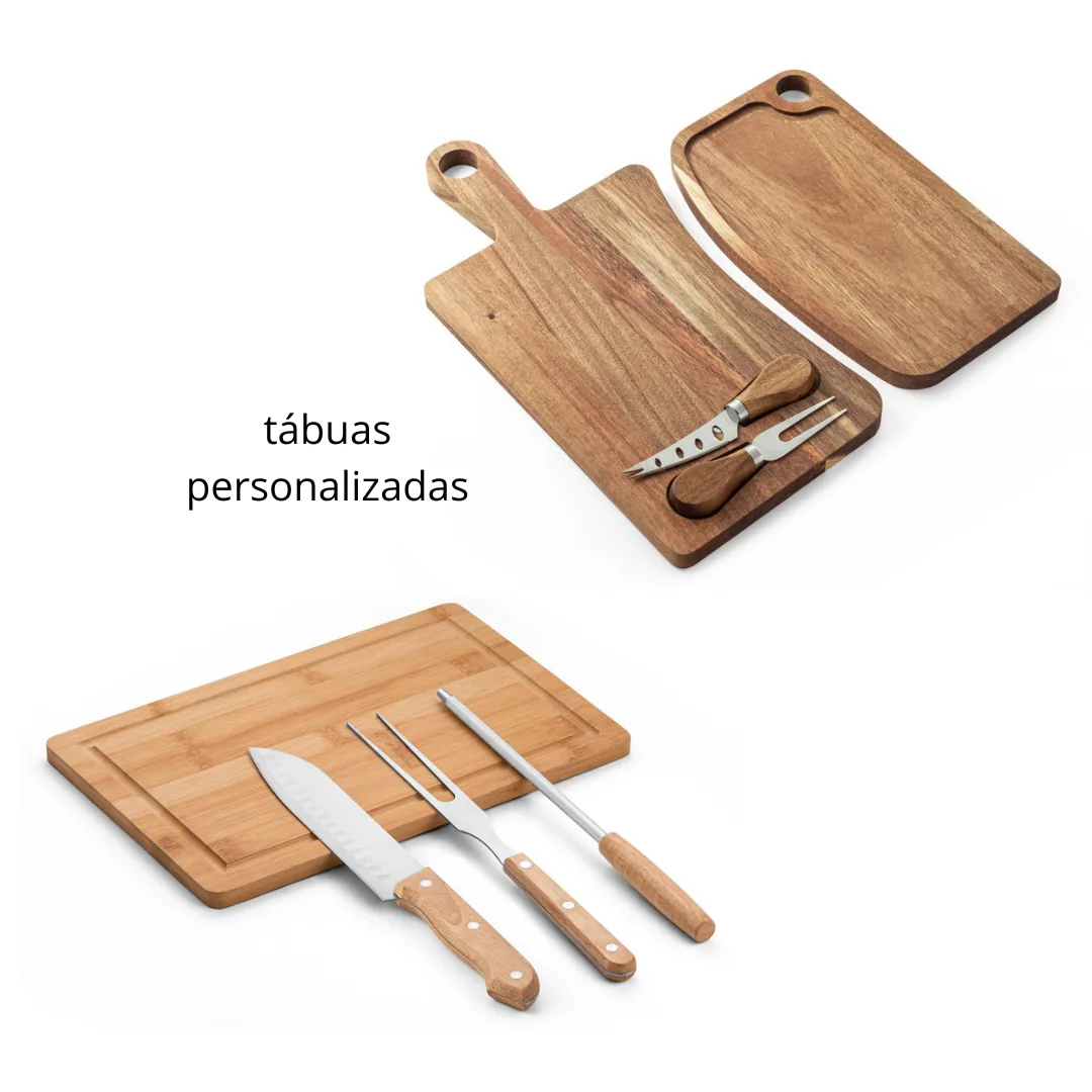 Tábuas de Madeira para Churrasco - Tábuas de madeira proveniente de gestão florestal sustentável, disponíveis em vários formatos e tamanhos, incluindo kit churrasco de madeira. Personalização em silk screen.